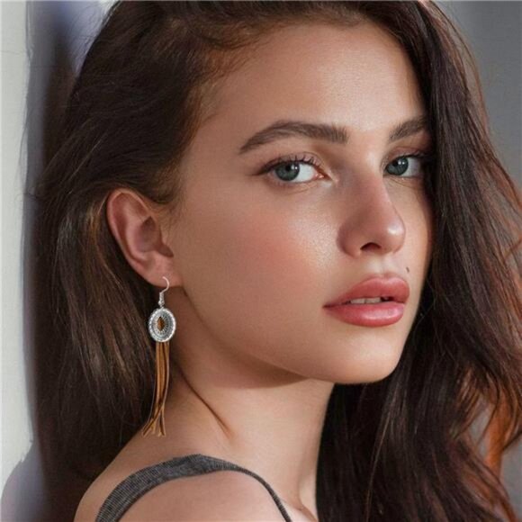 Western Cowgirl Leather Earrings | Denim-Inspired Dangle Jewelry - Picture 4 of 4